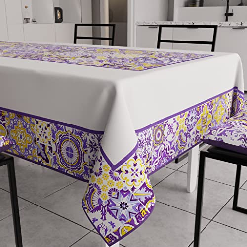 PETTI Artigiani Italiani - Tovaglia Antimacchia Rettangolare Copritavolo Cucina Disegno Geometrico Vietri Viola X24 Posti (140x450 cm) 100% Made in Italy