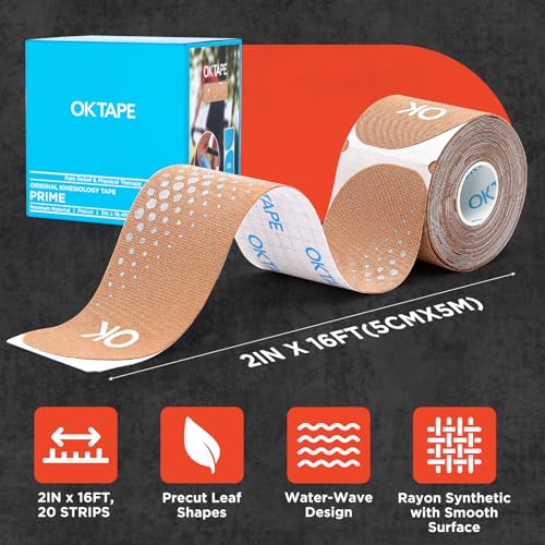 Image of OK TAPE Synthetic Kinesiology Tape Precut Strips, Waterproof Kinesiology Athletic Tape for Joint & Muscle Support, Reflective and Durable Tape, 2inx16.4ft Roll 20PCS | Beige