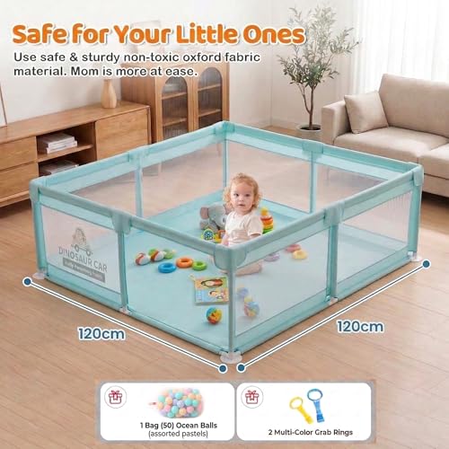 Image of Safe-O-Kid 120x120 cm Large Baby Playpen with 50 Balls, 1 Year Warranty, Safety Lock, Playard for Kids up to 5 Years, 2 Anti-Fall Grasp Rings - Green