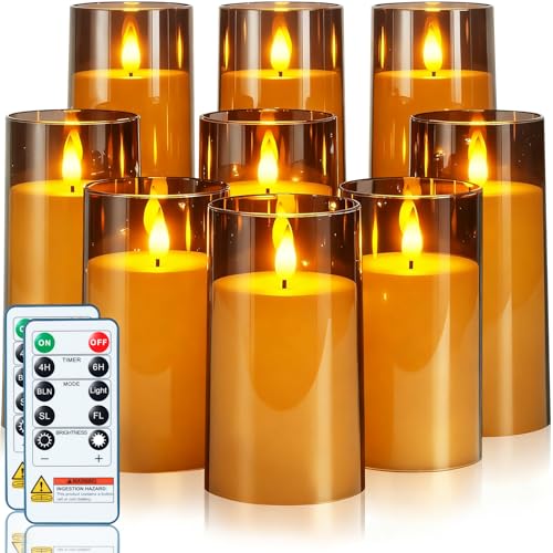 Image of Homemory Gray Flickering Flameless Candles, Battery Operated Acrylic LED Pillar Candles with Remote Control and Timer, Halloween Decor, Set of 9