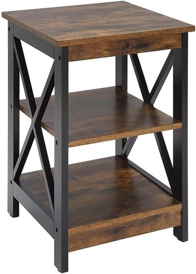 Pemberly Row Modern End Table with Shelves, Nutmeg Wood Finish, 15.75 x 15.75 x 24 in, MDF Construction, Black Metal X Frame, 3-Tier Spacious Shelving, Stylish Living Room Side Table