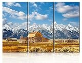 Native American Wall Decor Grand Teton Pictures Mountain Range Paintings for Living Room 3 Panel Canvas Contemporary Yellow Barn In Black And White Style Fall Landscape Artwork Framed(40''x60'')