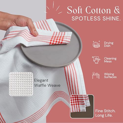 Image of Waffle White & Red Kitchen Dish Towels, Set of 4, 100% Cotton 16x26 inches, Absorbent Tea Towel, Multi-Purpose Hand Cleaning Towel, Strong and Reusable Dish Cloths for Drying Dishes