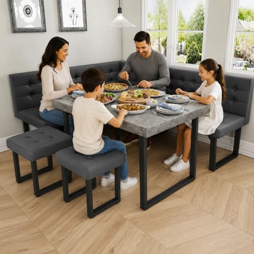 XIAO WEI Corner Dining Table Set for Small Spaces, 72 Inch Breakfast Nook with Storage Banquette, 5 Piece Dining Set with Upholstered Bench, Modern Grey