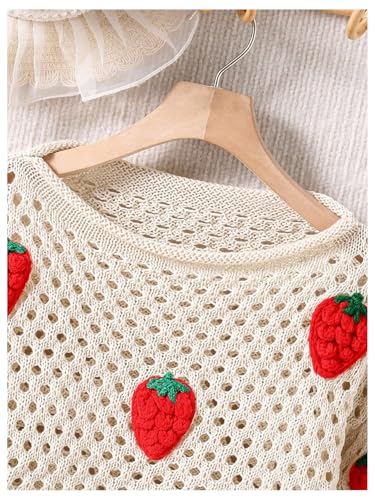 SHENHE Girl's Hollow Out Crochet Knit Top Strawberry Sweater Crew Neck Loose Fit Sweater Pullover3