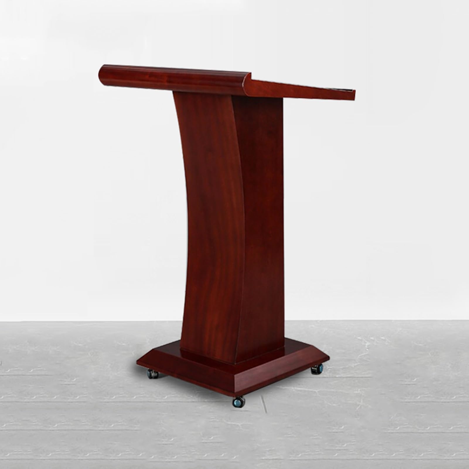 YUZES Mobile Wood Podium,Speaking Lectern,Church Pulpit,Floor Standing Podium Stand with 4 Rolling Wheels, Slant Surface, Baffle Plate, Easy Assembly for Church, Office, School