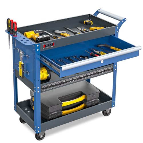 AIRAJ 3-Tier Tool Trolley on Wheels Heavy Duty, Mechanic Tool Cart with Drawers, Utility Trolley for Garage,Repair Room,Warehouse, Workshop,Load Capacity 200KG