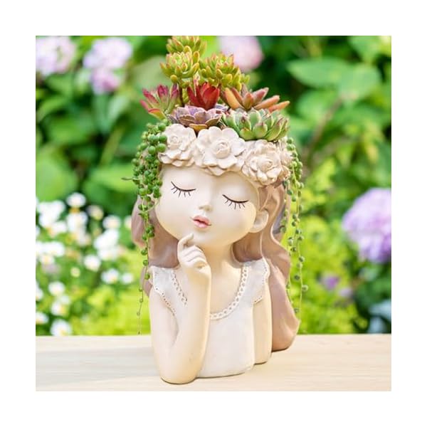 Cute succulent plant pot with drainage hole large girl face planter pot big resin lady head planter 11 inch tall flower vases for indoor and outdoor plants fairy garden gift for plants lover  urban country home decor