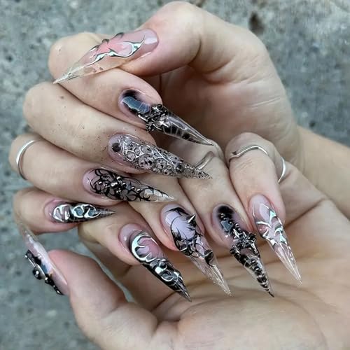 Long Stiletto Press on Nails Black Fake Nails with Silver Design Ombre Glue on Nails Darkly False Nail Glossy Full Cover Reusable Artificial Acrylic Stick on Nail for Women Halloween Manicure 24Pcs