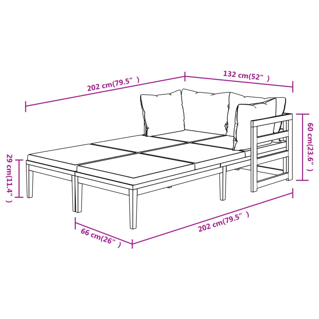 Leżaki z ciemnoszarą poduszką, zestaw 2 szt., lite drewno akacjowe, 202 x 66 x 60 cm, do ogrodu, na taras, balkon, meble wypoczynkowe, na zewnątrz, patio