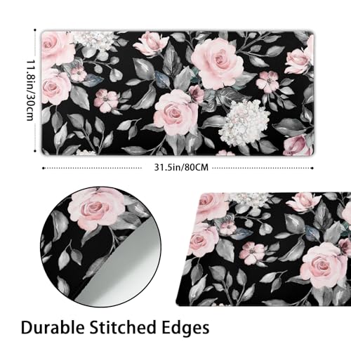 Image of Floral Extended Gaming Mouse Pad Non-Slip Rubber Base Black Large Mousepad 31.5x11.8in with Stitched Edge Waterproof Flowers Pads Computer Black Desk Laptop Mats for Work /Game /Office /Home