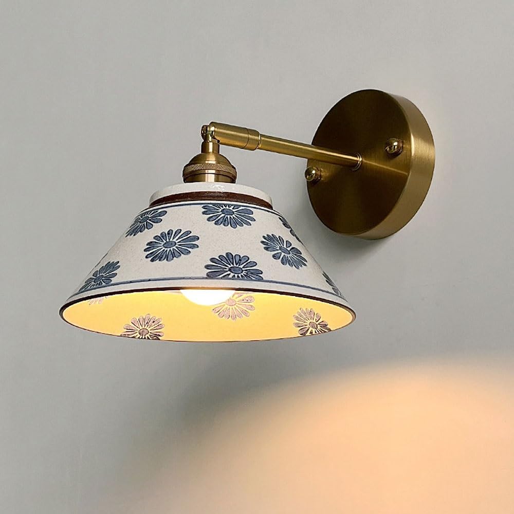 ITOSUI Vintage Ceramic Wall Sconce Gold Finish Wall Light Fixture, Blue and White Porcelain Wall Lamp Bedroom Headboard Lighting, Adjustable Wall Sconces for Living Room Farmhouse(A)