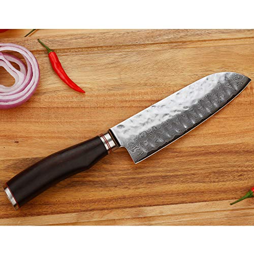 YOUSUNLONG Santokumes 7 inch (17,8 cm)) koksmes Japans VG10 gehamerd damaststaal houten handvat gemaakt van natuurlijk ebbenhout met lederen schede - Image 7