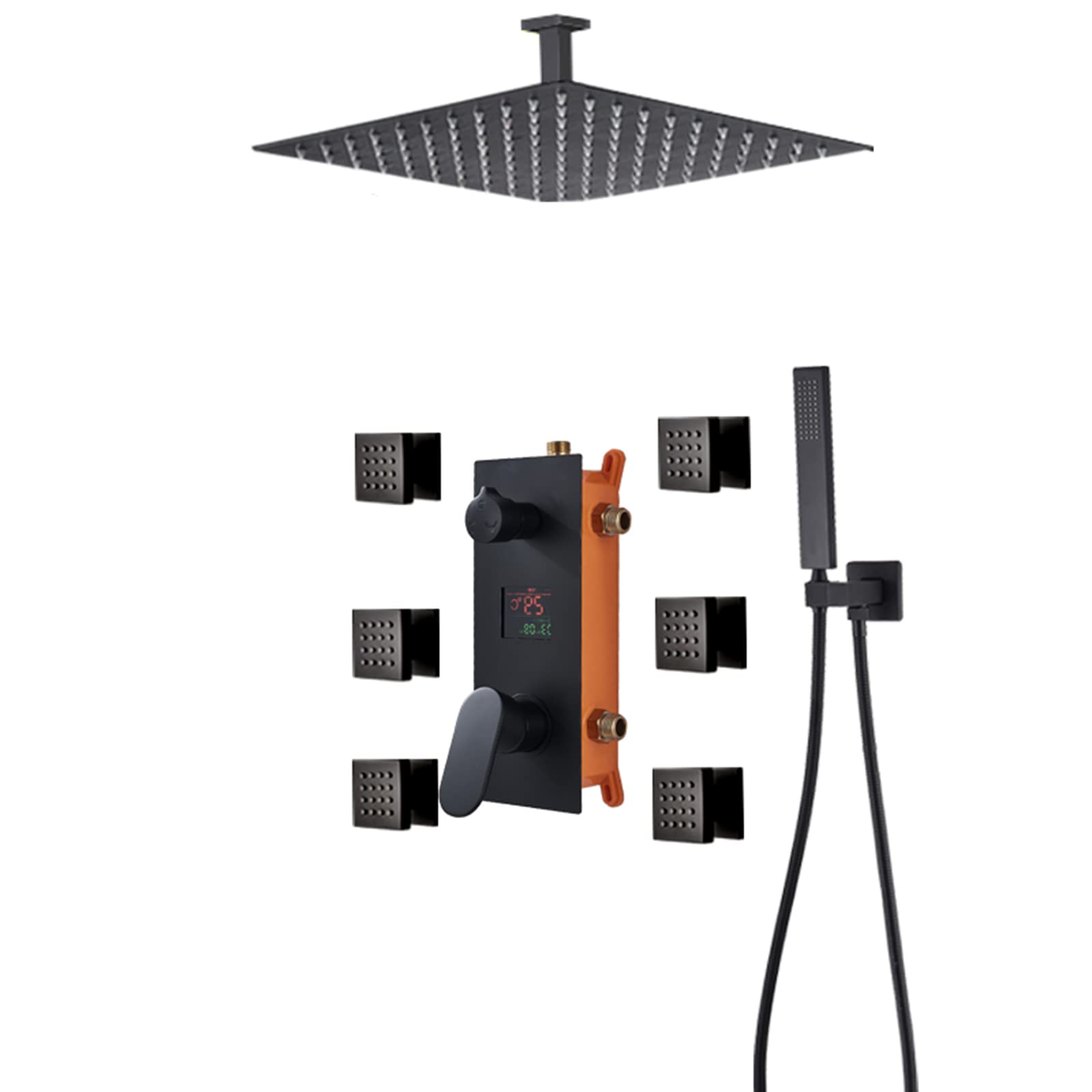 CWCQGH Shower System Temperature Display Concealed Shower Faucet Set Matt Black Shower Mixer Taps Set with 6 Body Sprays with Brass Hand Shower and Waterfall Rainfall Shower Head,12 Inch