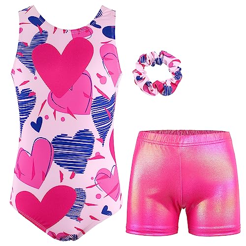 Image of MODAFANS Leotards for Girls Gymnastics with Shorts Dance unitards Tumbling Biketards with Hair Scrunchie for3-13T