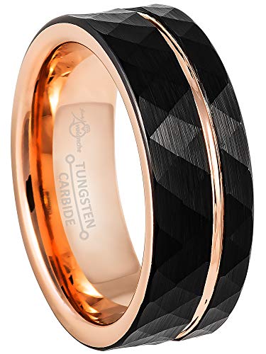 2-Tone Men's Tungsten Ring Black & Rose Gold Hammered Finish Pipe Cut Faceted Tungsten Carbide Wedding Band 8MM