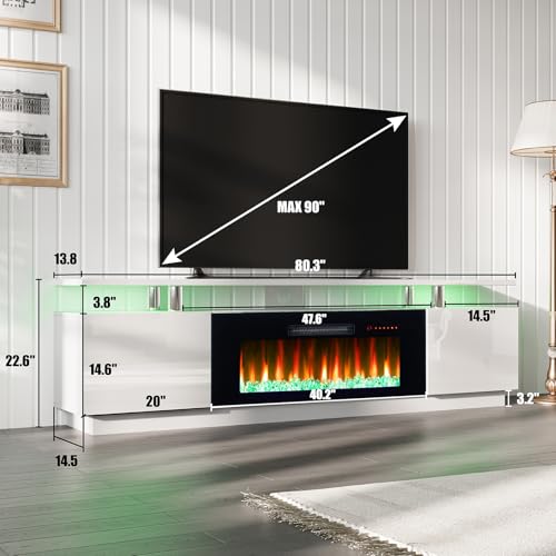 Image of AMERLIFE 80 inch High-Gloss Fireplace TV Stand with 40 inch Electric Fireplace | White /Black LED TV Console, Modern Living Room Entertainment Center, Fits TVs up to 90 inch, 2 Cabinets, 2-Tier Storage Space