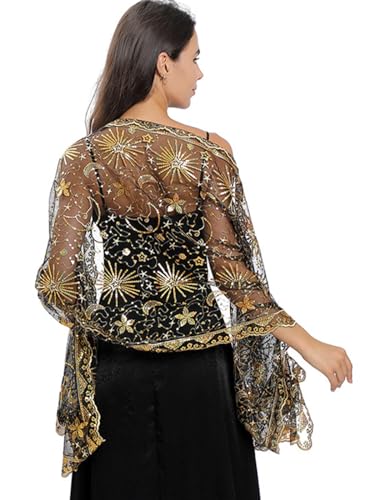 OurLore Women's Glittering 1920s Shawl Scarf Mesh Sequin Wedding Bridal Cape Fringed Evening Wraps Shawls