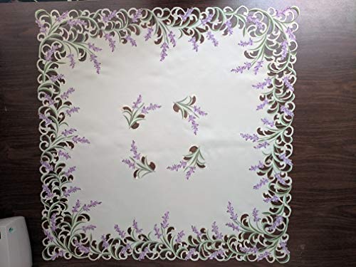Doily Boutique Tablecloth Or Table Topper Square Embroidered With Purple Lavender Lilac Flowers On Antique White Material Size 34 Inches Square #TOP1