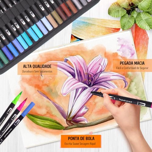 Kit Canetinhas Coloridas 60 Cores com Pontas Duplas, Conjunto Caneta Brush para Livros de Colorir pa