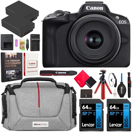 Canon EOS R50 Mirrorless Camera (Black) with RF-S 18-45mm F4.5-6.3 is STM Lens 5811C012 Bundle with Deco Gear Photography Bag + 2 x Battery + 2 x 64GB Memory Cards + Photography Pro + Accessories Kit