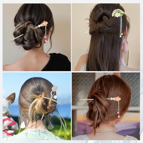 Image of SANNIDHI 3Pcs Hair Stick for Bun Stick Decorative Hair Pins with Tassel & Floral Charms, Vintage Chinese-Style Alloy Accessories for Women, Perfect for Bun & Updo Styling