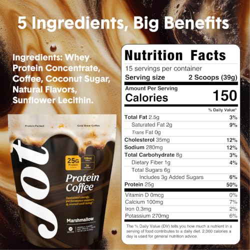 Image of Jot Protein Iced Coffee - 25g Grass-Fed Whey, Only 5 Ingredients - 150mg Caffeine, 3g Added Sugar, No Artificial Sweeteners - Mix with Water, Milk or Smoothie - Marshmallow (15 Servings)