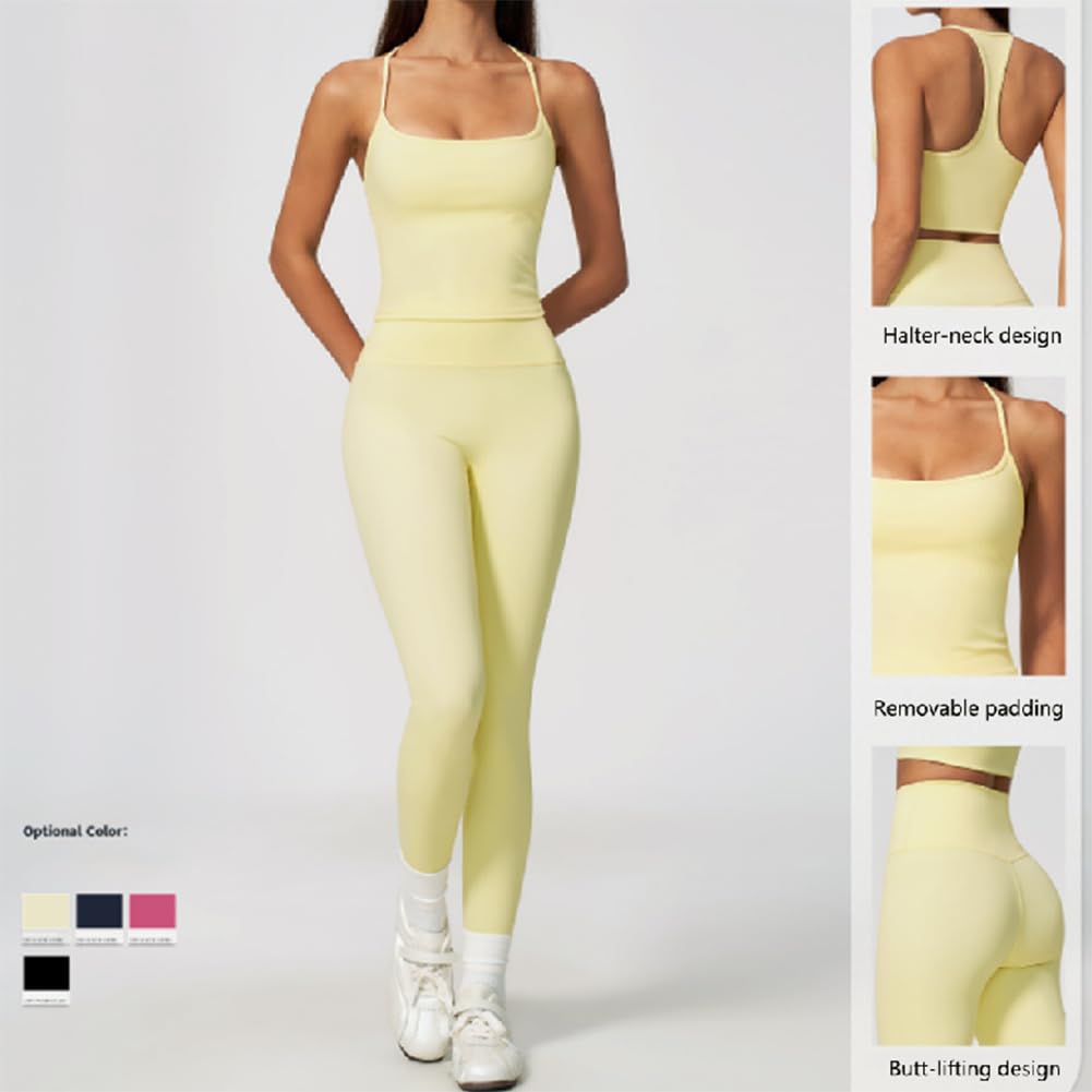 Completo Yoga Due Pezzi Leggero Top Sportivo Traspirante e Leggings | Canotta a spalline sottili scollo quadrato schiena a Y abbinata a leggings vita alta sollevaglutei