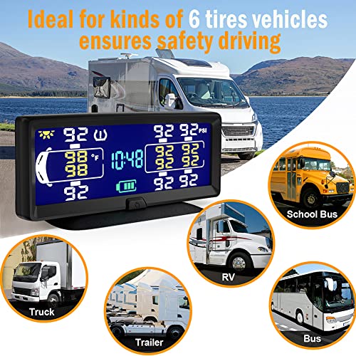 Geohyecc Solar Power Tire Pressure Monitoring System With 6 Tire Pressure Sensor (0-198Psi),Real-Time Monitor Pressure,6 Alarm Modes, Solar Power Tpms For Rv Trailer Truck Van Cars #TOP1