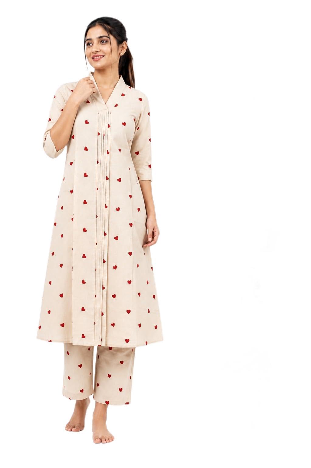 Women's Cotton Printed Kurta Pant Set | Floral Print Straight Kurta with Elastic Waist Pants | 3/4 Sleeve Mandarin Collar Ethnic Co-ord Set-picture-42