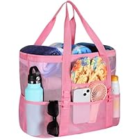Beach Bag - Large Beach Bags for Women, Mesh Tote Bag with Multi Functional Pockets for Family Travel/Vacation/Swimming Gym/Storage, Pink