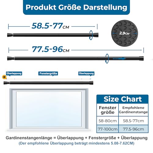 AIZESI 2 Stücks Klemmstange für Gardinen 60-90cm Schwarz 13mm, Gardinenstange zum Klemmen, Ohne Bohren Einfach Montierbar, für Kleine Fenster, Türrahmen, Küche & Aufbewahrung