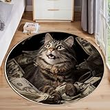 Runder Teppich 160cm, Waschbar & Rutschfester Weicher Kurzflor Rund Teppich, Die Katze Sitzt In Den Geldscheinen. Luxustiere Muster, für Wohnzimmer, Schlafzimmer, Kinderzimmer, Gastzimmer, Braun