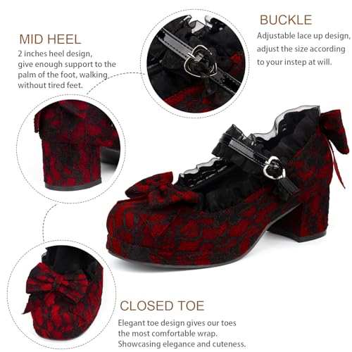 Image of LUXMAX Women Kawaii Mid Block Heel Mary Jane Rockabilly Pumps with Bow Platform Chunky Heel Cute Sweet Shoes