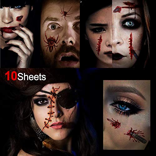Konsait Halloween Temporary Tattoos(58pcs),Halloween Bleeding Wounds Scar Bloody Spider Zombie Vampire Bite Skull Fake Tattoo Sticker for Adult Woman Man, Halloween Party Costume Makeup Props