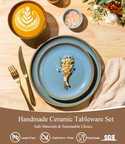 Image of LERATIO Stoneware Dinnerware Sets for 4, 12 Pieces Ceramic Plates and Bowls Sets, Scratch Resistant Dish Set, Oven, Microwave & Dishwasher Safe-Ocean Blue