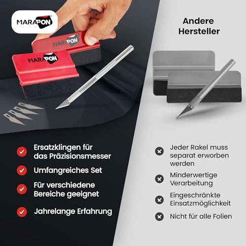 MARAPON® Rakel-Set mit Skalpell und Folienrakel für Folie - Für Fensterfolien und Auto Folien - Hochwertige Folienrakel auch für Carbon Folie und Möbelolie geeignet - Auto Zubehör
