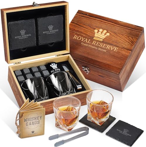 Coffret Whisky Cadeau – Verres, Glacon Pierre Reutilisable, Dessous de Verre, Pinces à Glace, Boîte en Bois, Cartes Recettes, Sac en Velours – Service a Whisky pour Homme de Royal Reserve