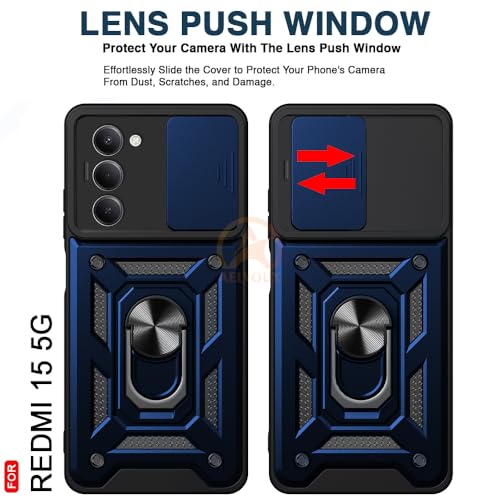 Image of Armor Bumper Back Cover Case for Redmi 15 5G | Rotating Camera Cover, Ring Holder & Kickstand | Heavy Duty & 360 Degree Protection Redmi 15 5G Back Cover (Blue)