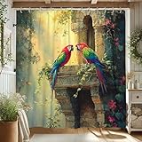 Duschvorhang mit lebhaften Papageien, tropischer bunter Vogel-Badevorhang für Badezimmer-Dekor, Sommer-Dschungel, Natur-inspiriert, wasserdichter Stoff, Duschvorhang-Set mit Haken, 183 x 183 cm
