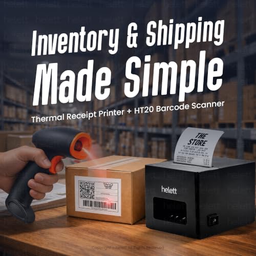 Image of helett BillQuick Lite 80mm Thermal Receipt Printer + HT20 Wireless 2D Barcode Scanner | 250mm /s POS Printer | USB + 2.4GHz | Shops, Retail & Restaurants