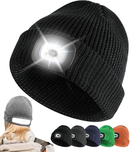 Ababalaya Womens Beanie with Light USB Rechargeable LED Headlamp Reflective Fisherman Beanie Watch Hat Winter Gifts for Her Warm Light Cap for Winter Night Outdoors Black
