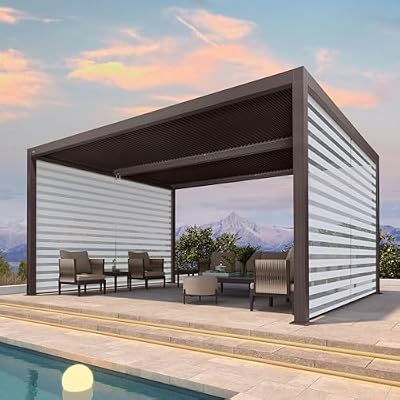 PURPLE LEAF Outdoor 12' × 16' Louvered Pergola with Two Short Side Beam Screens and Patio Adjustable Aluminum Canopy Retractable Metal Roof for Deck Outside Backyard Hardtop Gazebo Sun Shade Bronze