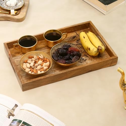 Image of Wooden Serving Tray - 16 x 10 Inches | Handpainted Floral Pattern with Raised Edges | Durable Mango Wood Breakfast Tray | Wooden Serveware Trays for Tea, Snacks & Sweets, Home & Dining