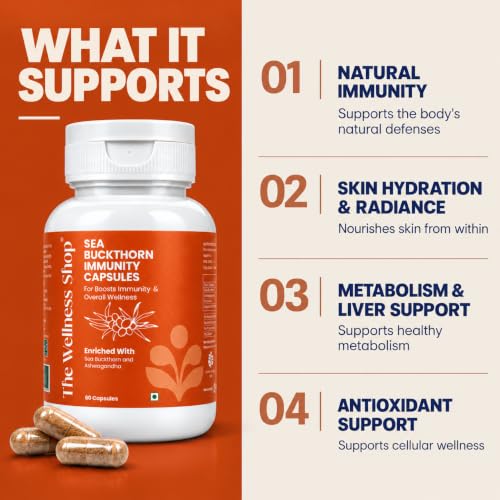 Image of The Wellness Shop Sea Buckthorn Capsules | Omega 3, 6, 7 & 9 + Ashwagandha | Boost Immunity, Improve Metabolism & Liver Health | Ayurvedic Supplement for Skin & Hair | 60 Count