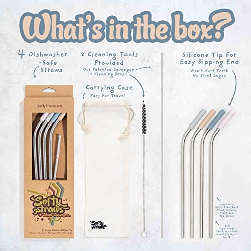 Premium Reusable Stainless Steel Drinking Straws With Silicone Tips + Patented Straw Cleaners and Carrying Case - 9” Long Metal With Curved Bend for 20/30/32oz Tumblers - Natural Colors