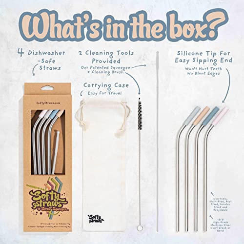 Softy Straws Premium Reusable Stainless Steel Drinking Straws With Silicone Tips + Patented Straw Cleaners And Carrying Case - 9” Long Metal With Curved Bend For 20/30/32Oz Tumblers - Natural Colors #TOP1