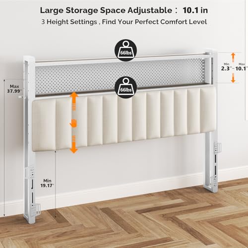 Image of VINGLI Queen Size Headboard for Bed,Upholstered Headboards with Storage, Charging Stations and LED Lights, 2 Tier Shelves and Pegboard, Modern Bed Head Board, Adjustable Height, White