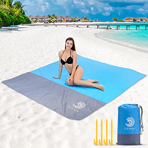 Flevnev Beach Blanket Sandproof Waterproof, Extra Large 83″X79″ Sand Free Beach Mat with 4 Stakes for Beach, Camping, and Picnic…