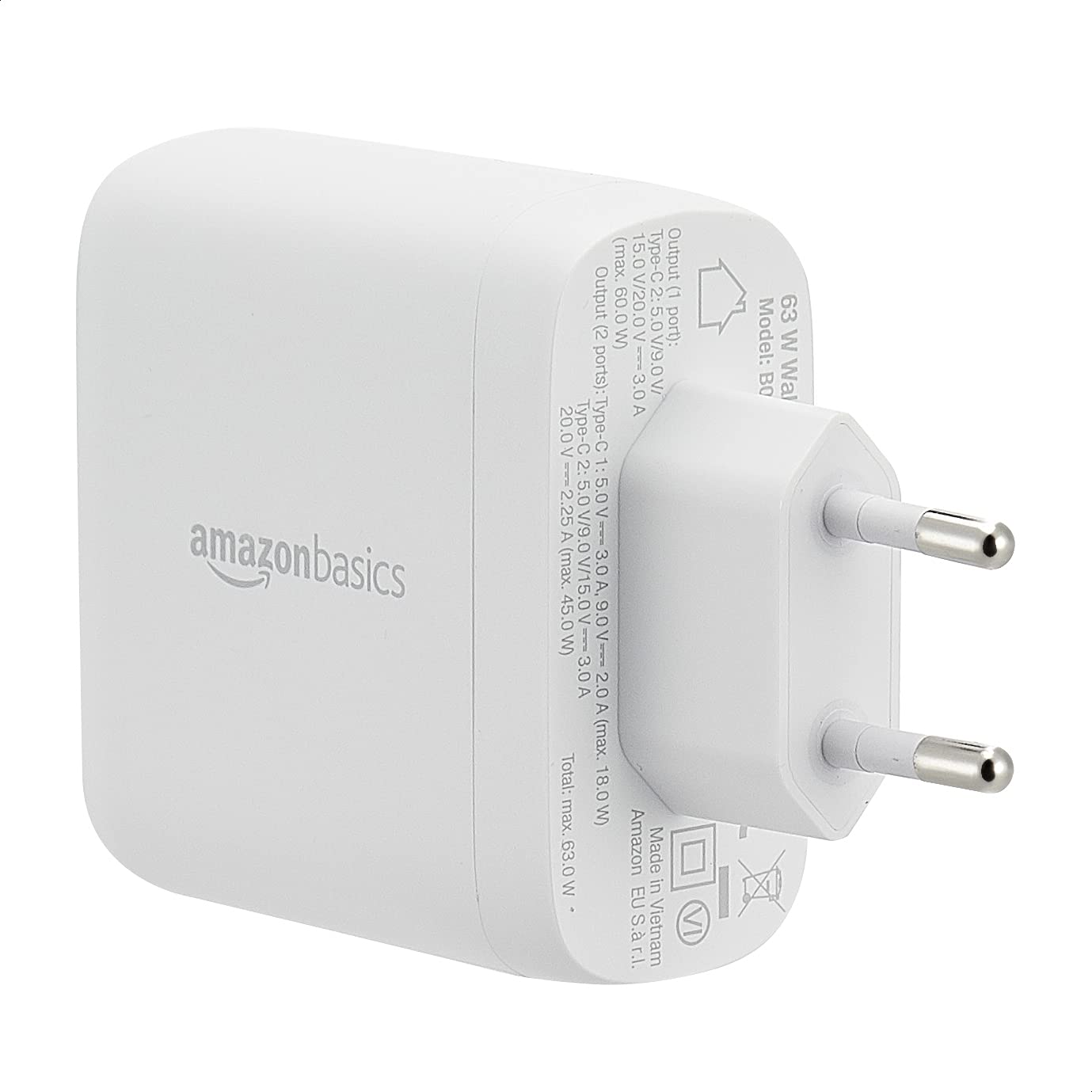 Amazon Basics Caricabatterie da parete USB-C a 2 porte, 68 W, GaN, per laptop, tablet e telefoni alimentati, bianco (non PPS), 6,6 x 2,94 x 6,24 cm